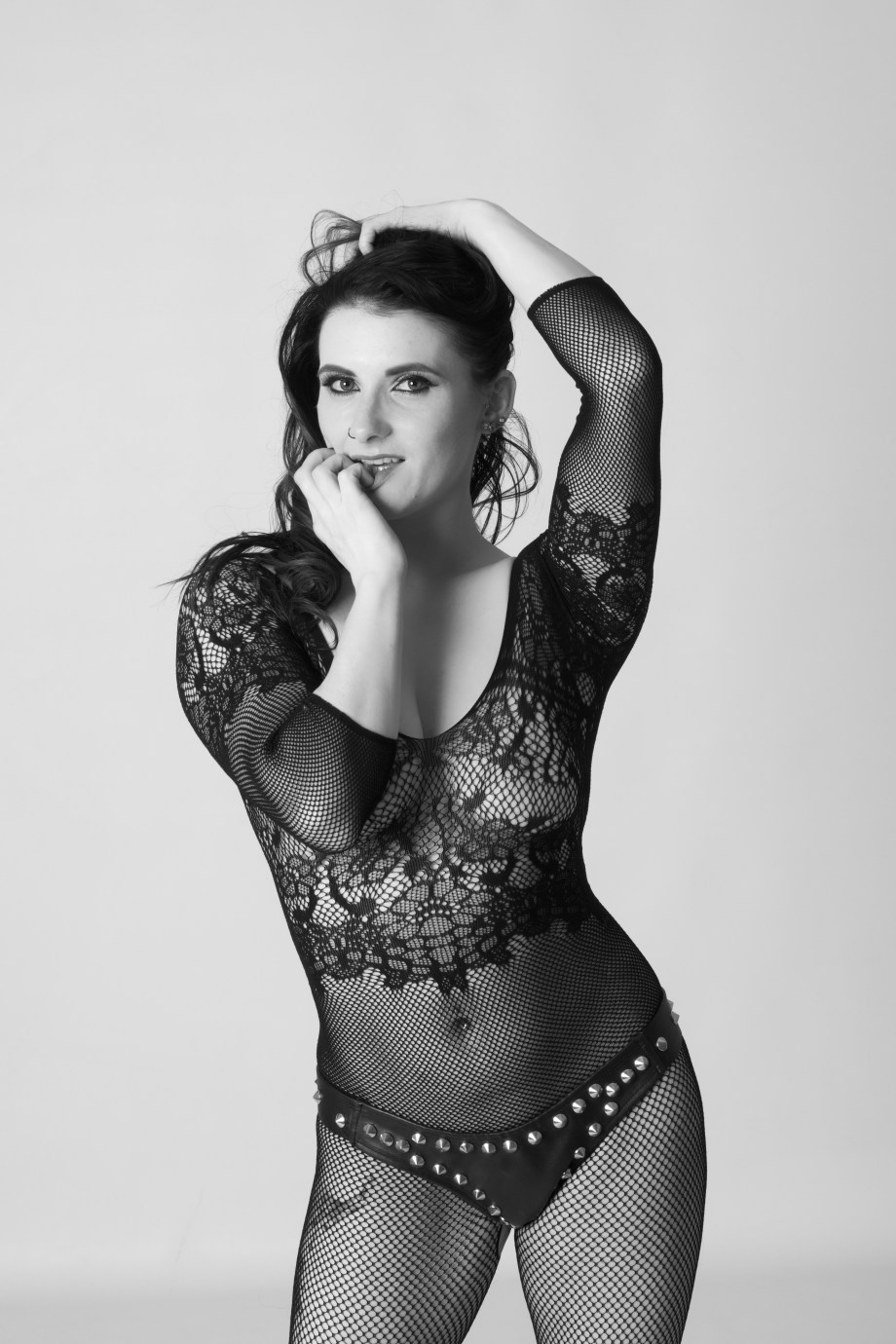 cherry chains, pole, dance, pole training, topless, black and white, implied, glamour, studio