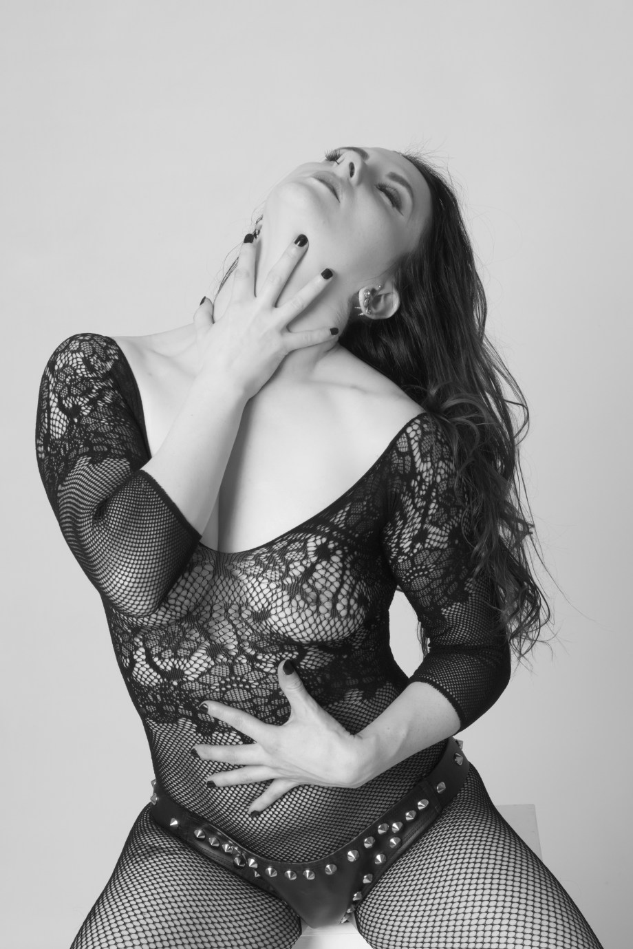 cherry chains, pole, dance, pole training, topless, black and white, implied, glamour, studio