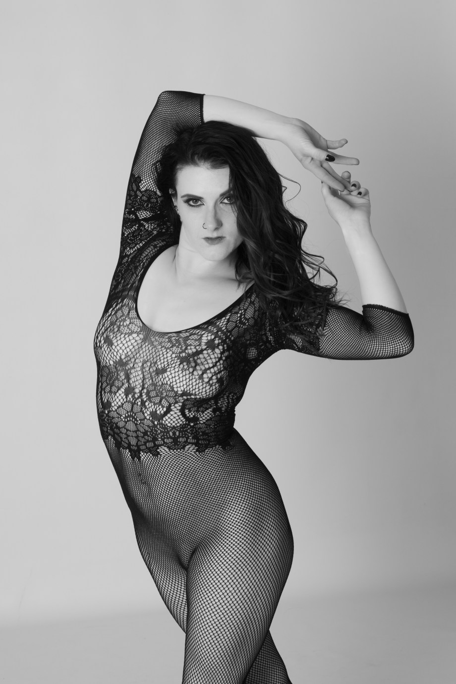 cherry chains, pole, dance, pole training, topless, black and white, implied, glamour, studio