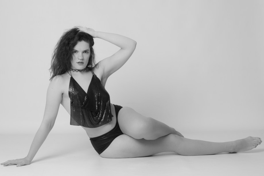 Glamour, black and white, no makeup, cork, topless, implied, hair