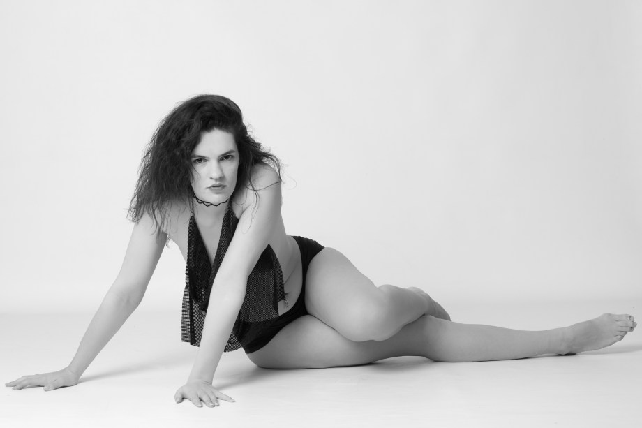 Glamour, black and white, no makeup, cork, topless, implied, hair