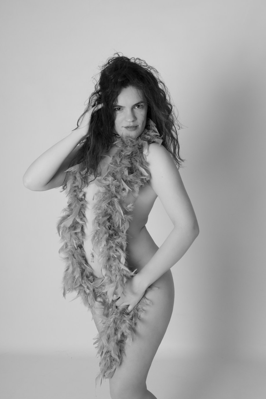 Glamour, black and white, no makeup, cork, topless, implied, nude