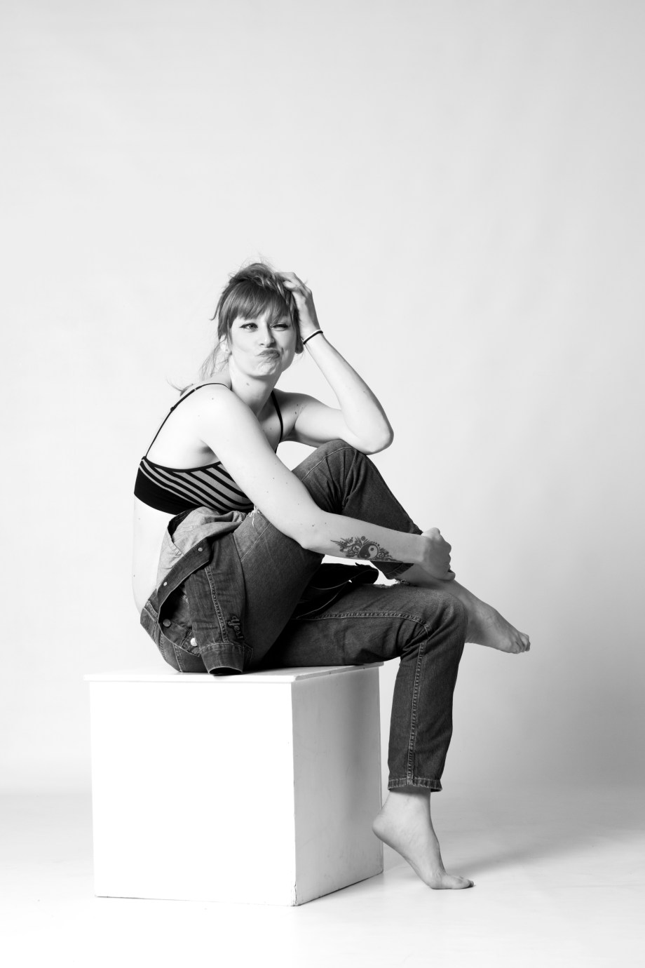 cork, portrait, glamour, studio shoot, jeans, denims, black and white