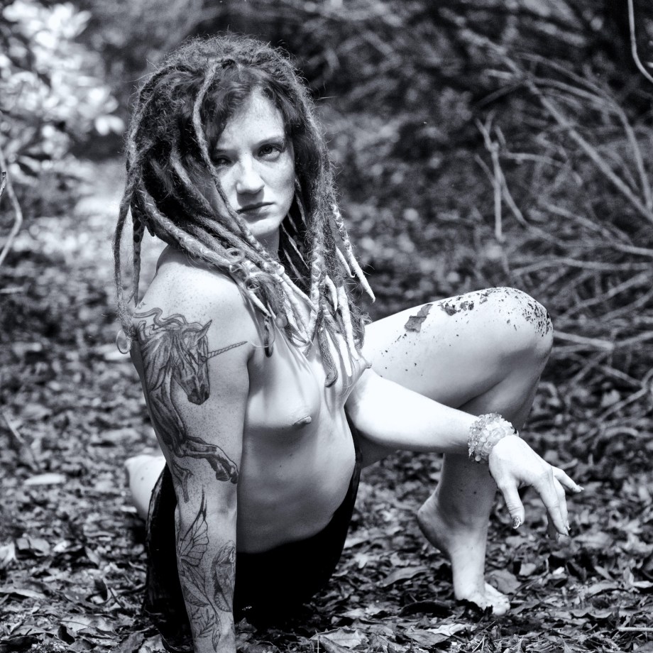 Forest Shoot, Alt Glamour, Cork, Ireland, black and white, topless