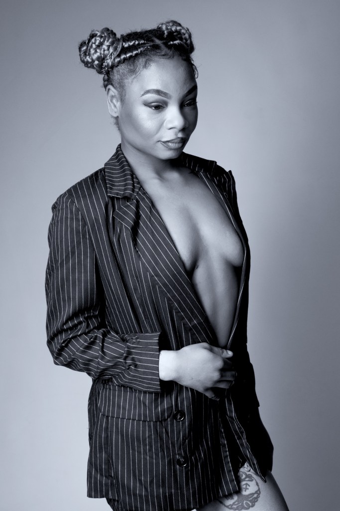 studio photography, cork, glamour, black and white, topless, implied