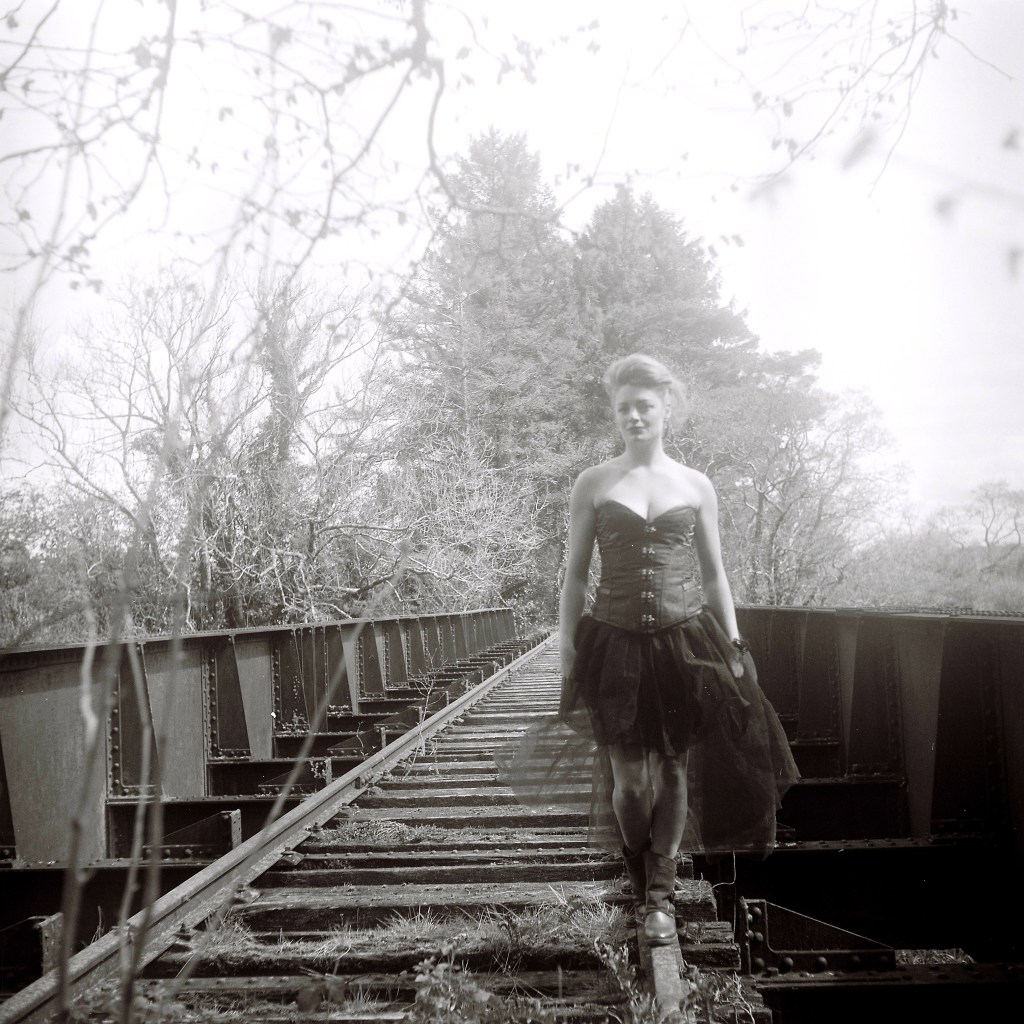 Model Photography, Cork, Ireland, Steampunk, railway track, black and white, analog photography, medium format