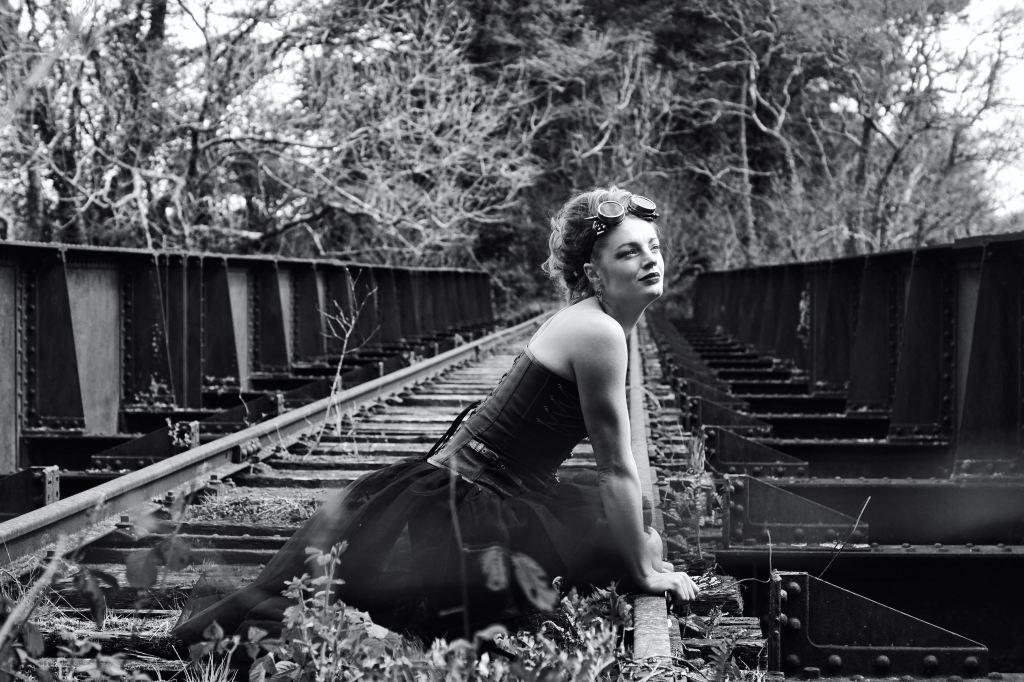 Model Photography, Cork, Ireland, Steampunk, railway track, black and white
