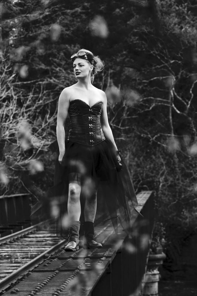 Model Photography, Cork, Ireland, Steampunk, railway track, black and white